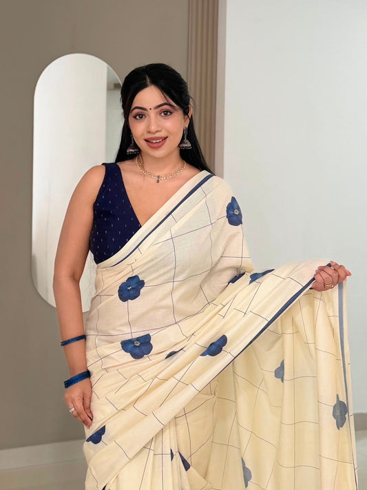 Indigo bloom checks  : Pure cotton digital printed
