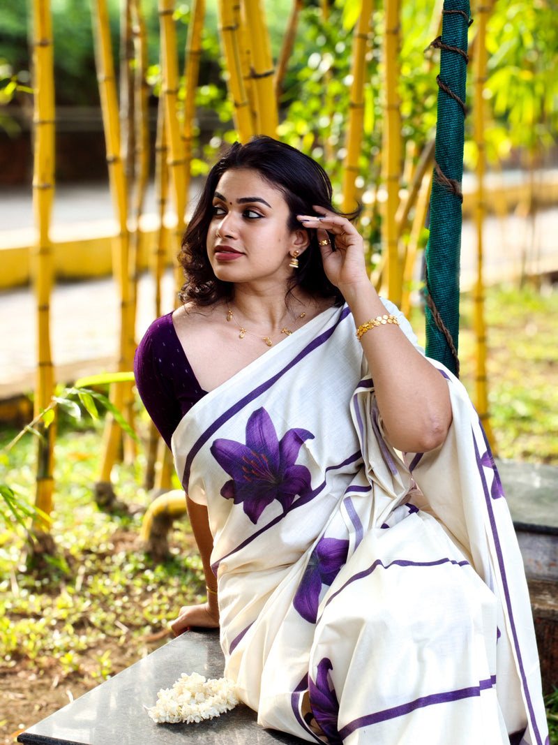 LAVENDER STRIPES – PURE COTTON DIGITAL PRINTED SAREE