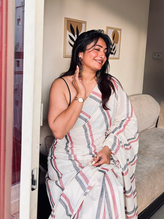 MALARVADI : MULLOTH STRIPES SAREE WITH TUSSLES (HANDLOOM REPLICA)
