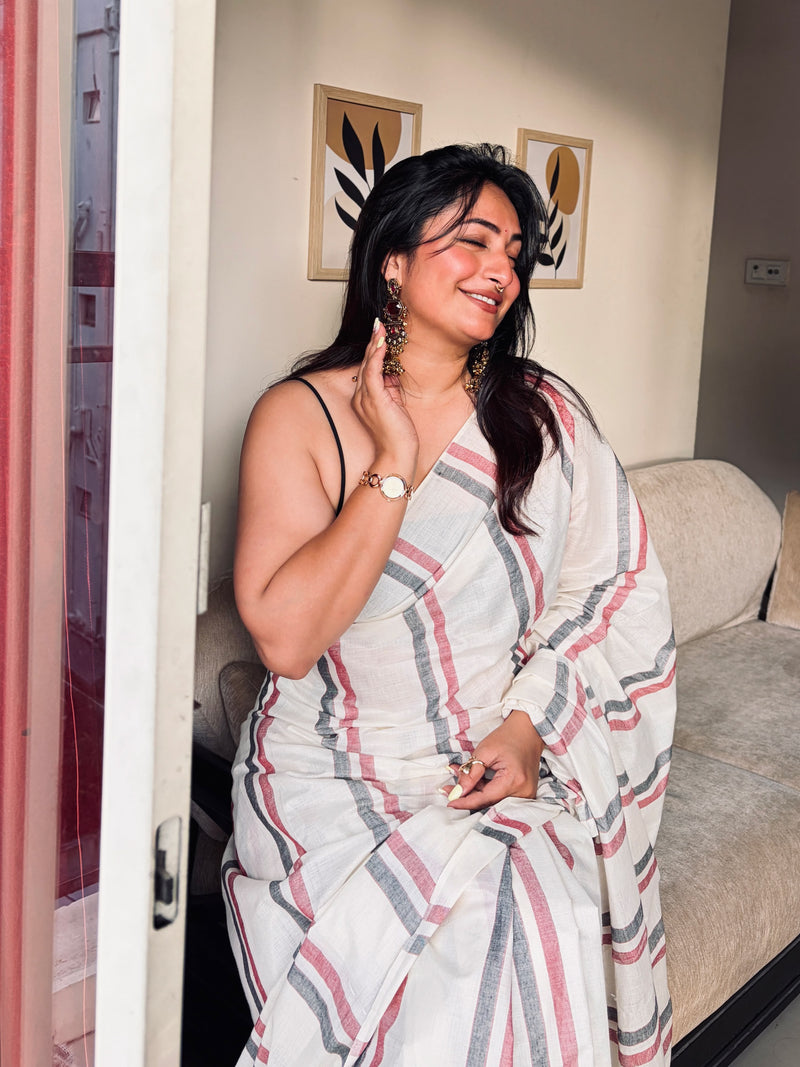 MALARVADI : MULLOTH STRIPES SAREE WITH TUSSLES (HANDLOOM REPLICA)