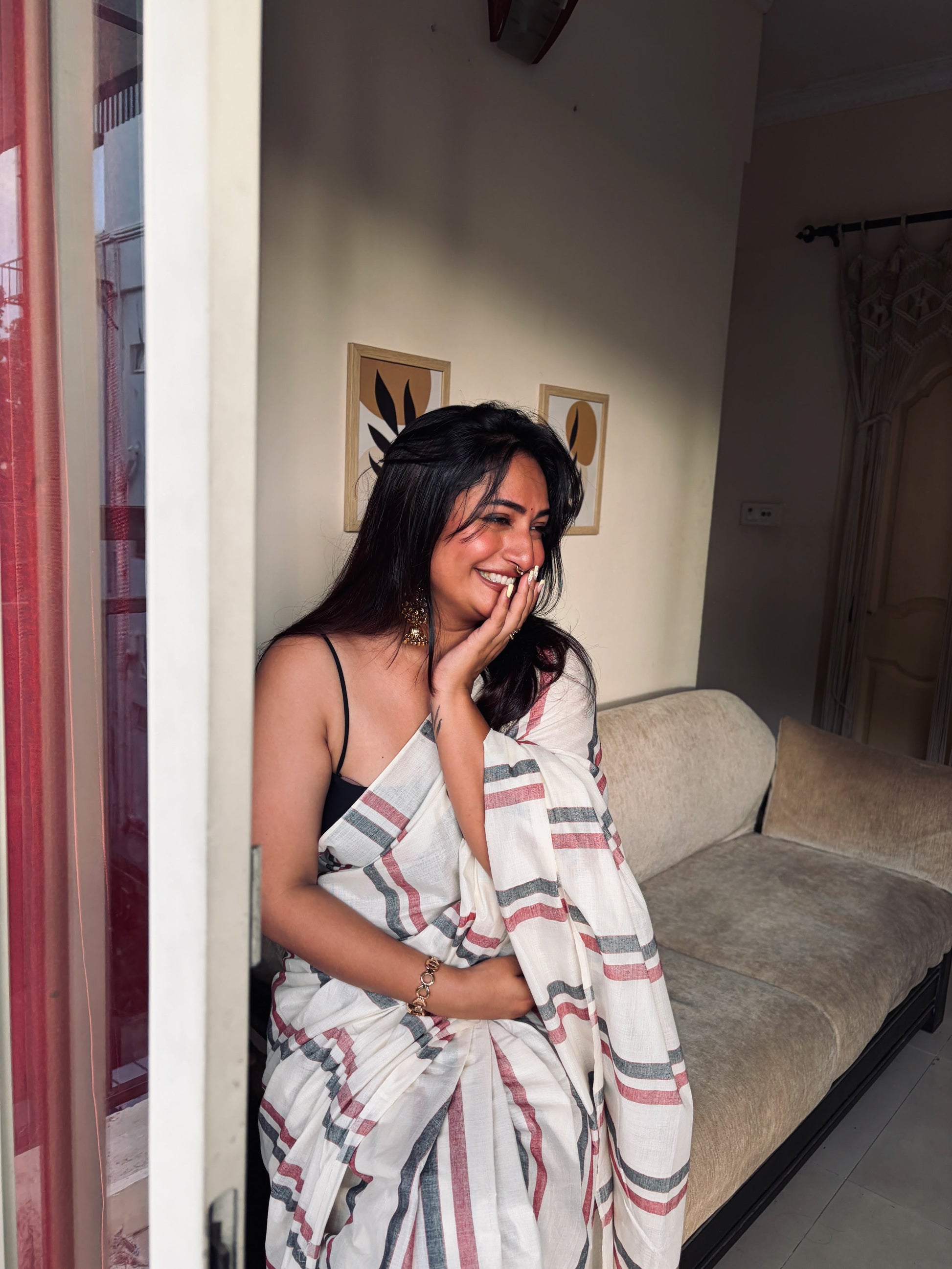 MALARVADI : MULLOTH STRIPES SAREE WITH TUSSLES (HANDLOOM REPLICA)