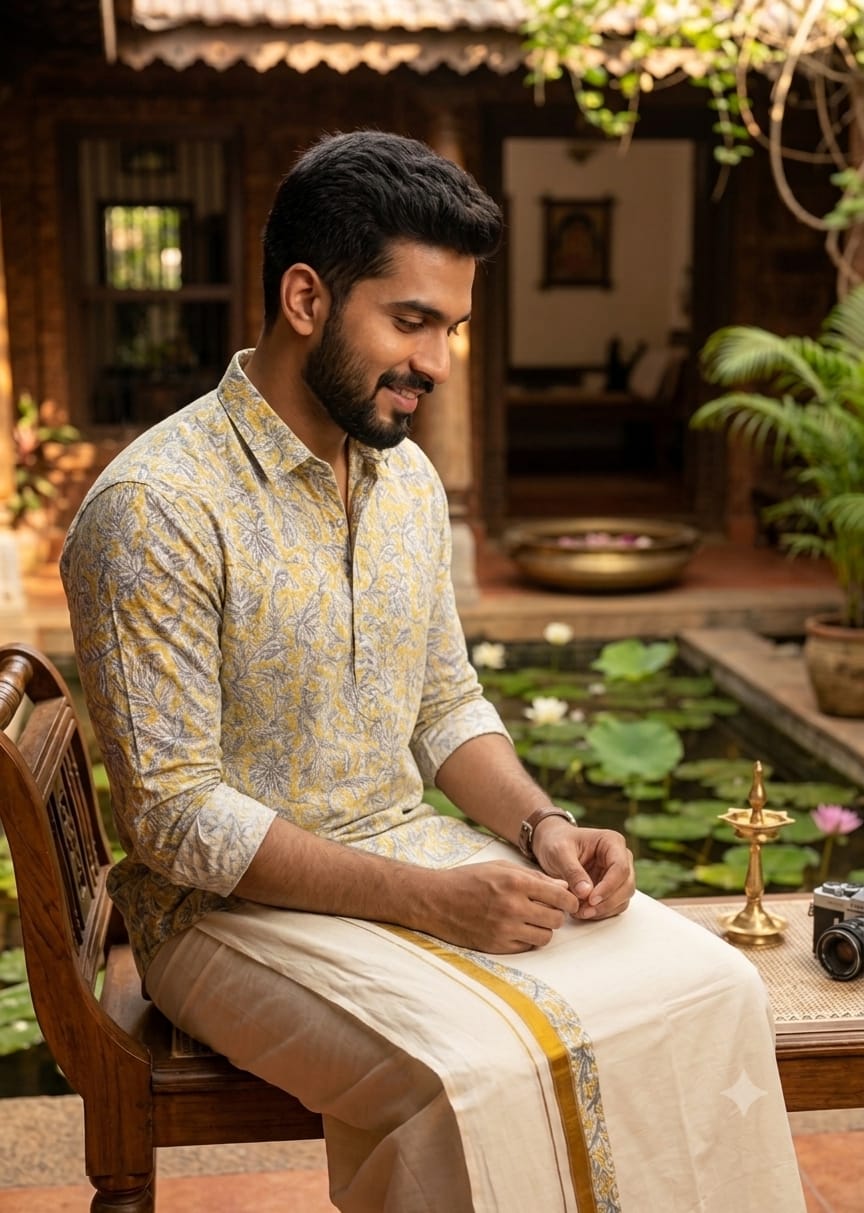 Kerala Checkered Onam Shirt & Mundu Combo