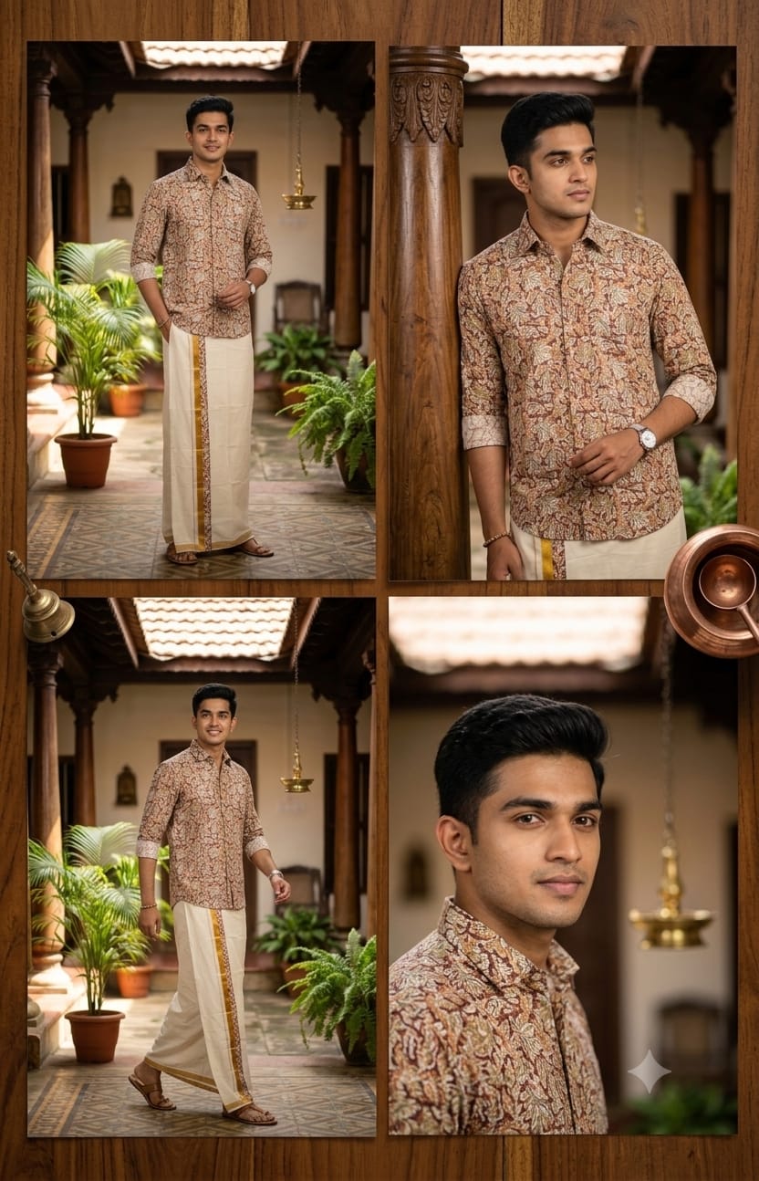 Kerala Checkered Onam Shirt & Mundu Combo