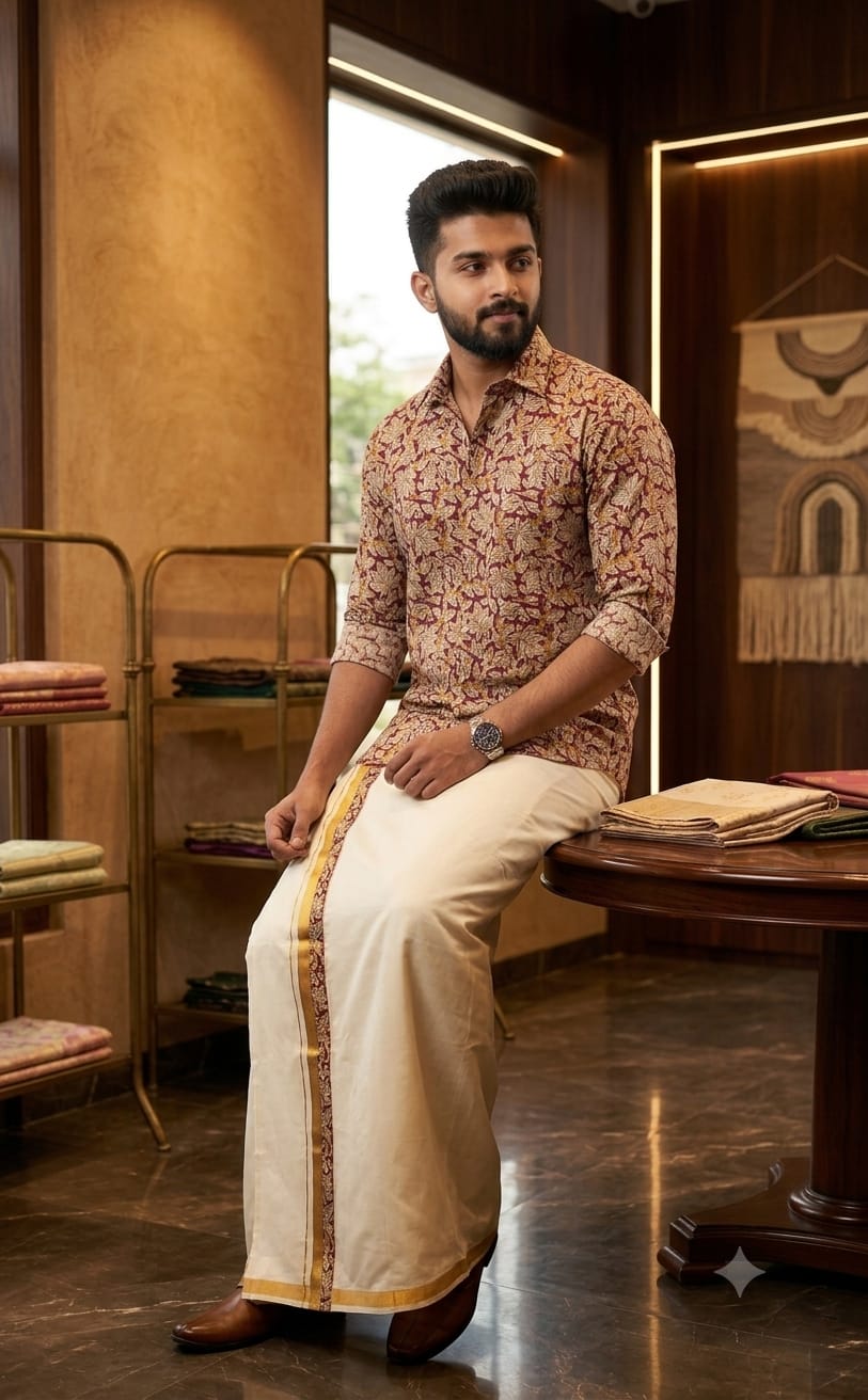 Kerala Checkered Onam Shirt & Mundu Combo