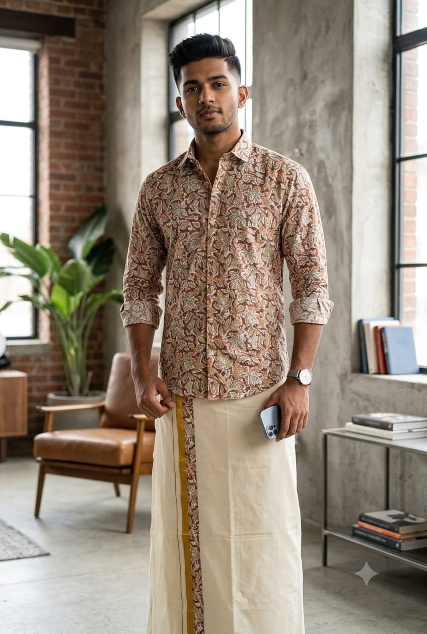 Kerala Checkered Onam Shirt & Mundu Combo