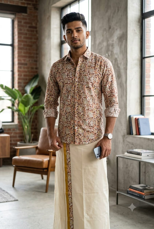 Kerala Checkered Onam Shirt & Mundu Combo
