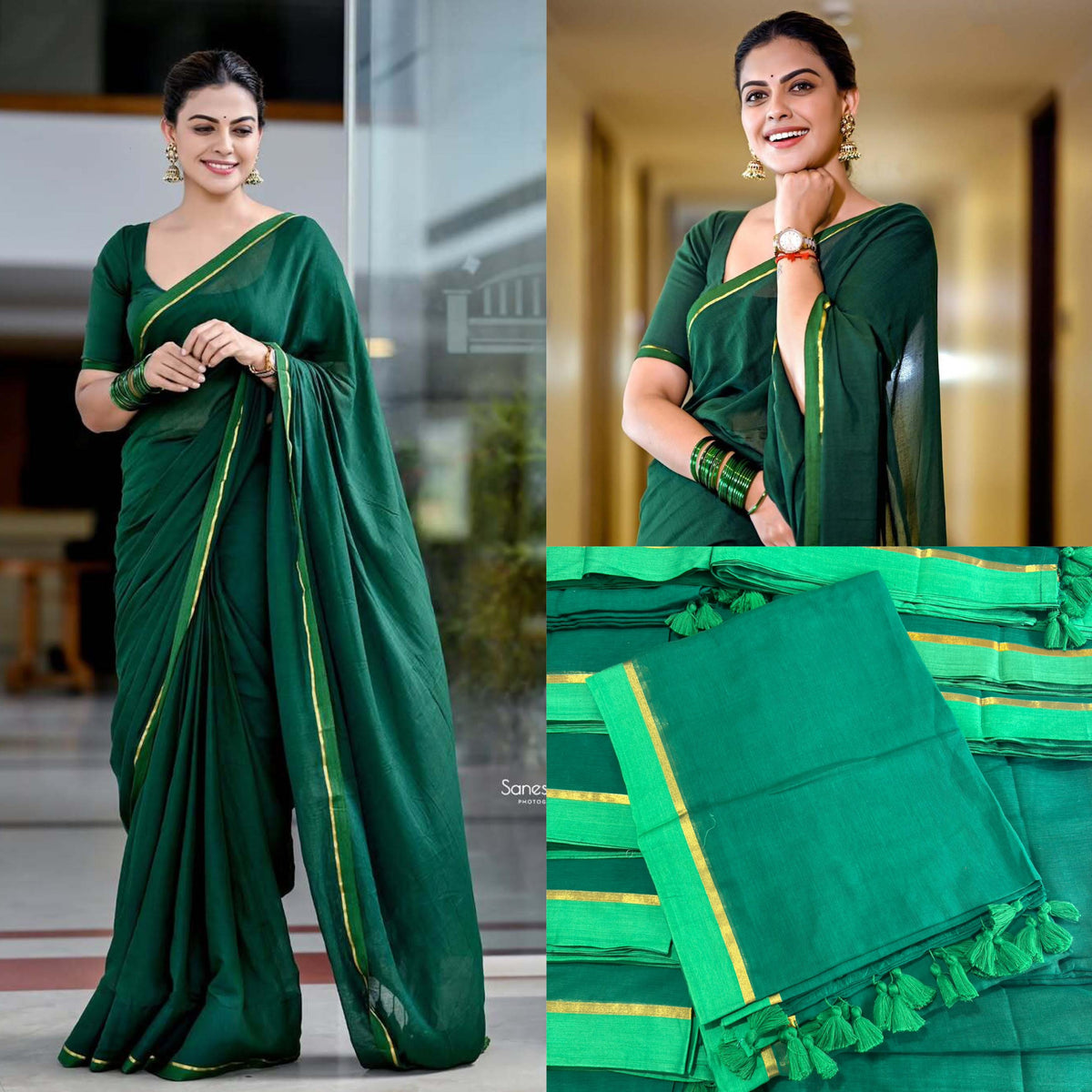 BOTTLE GREEN MUL MUL SAREE – ANU SHREE INSPIRED