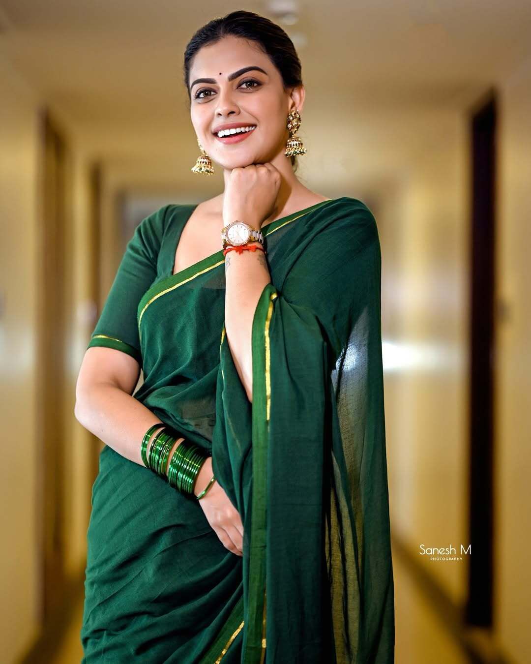 BOTTLE GREEN MUL MUL SAREE – ANU SHREE INSPIRED