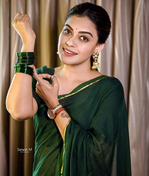 BOTTLE GREEN MUL MUL SAREE – ANU SHREE INSPIRED