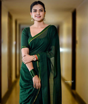 BOTTLE GREEN MUL MUL SAREE – ANU SHREE INSPIRED