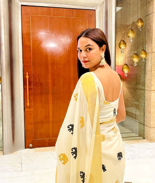 Elephant embroidery golden Jari cotton saree