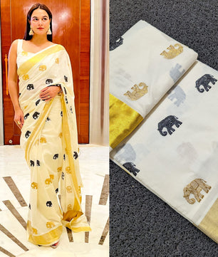 Elephant embroidery golden Jari cotton saree