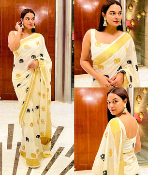 Elephant embroidery golden Jari cotton saree