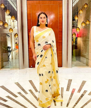 Elephant embroidery golden Jari cotton saree