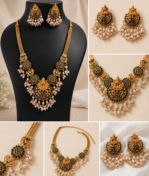 PREMIUM TRADITIONAL GREEN STONE  TEMPLE JEWELLERY SET ✨