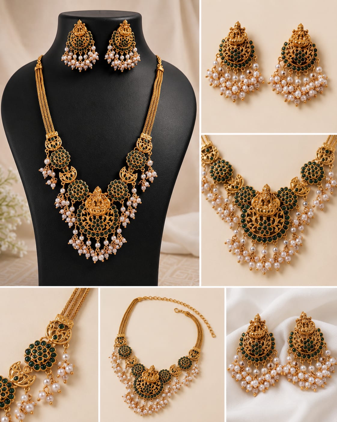 PREMIUM TRADITIONAL GREEN STONE  TEMPLE JEWELLERY SET ✨