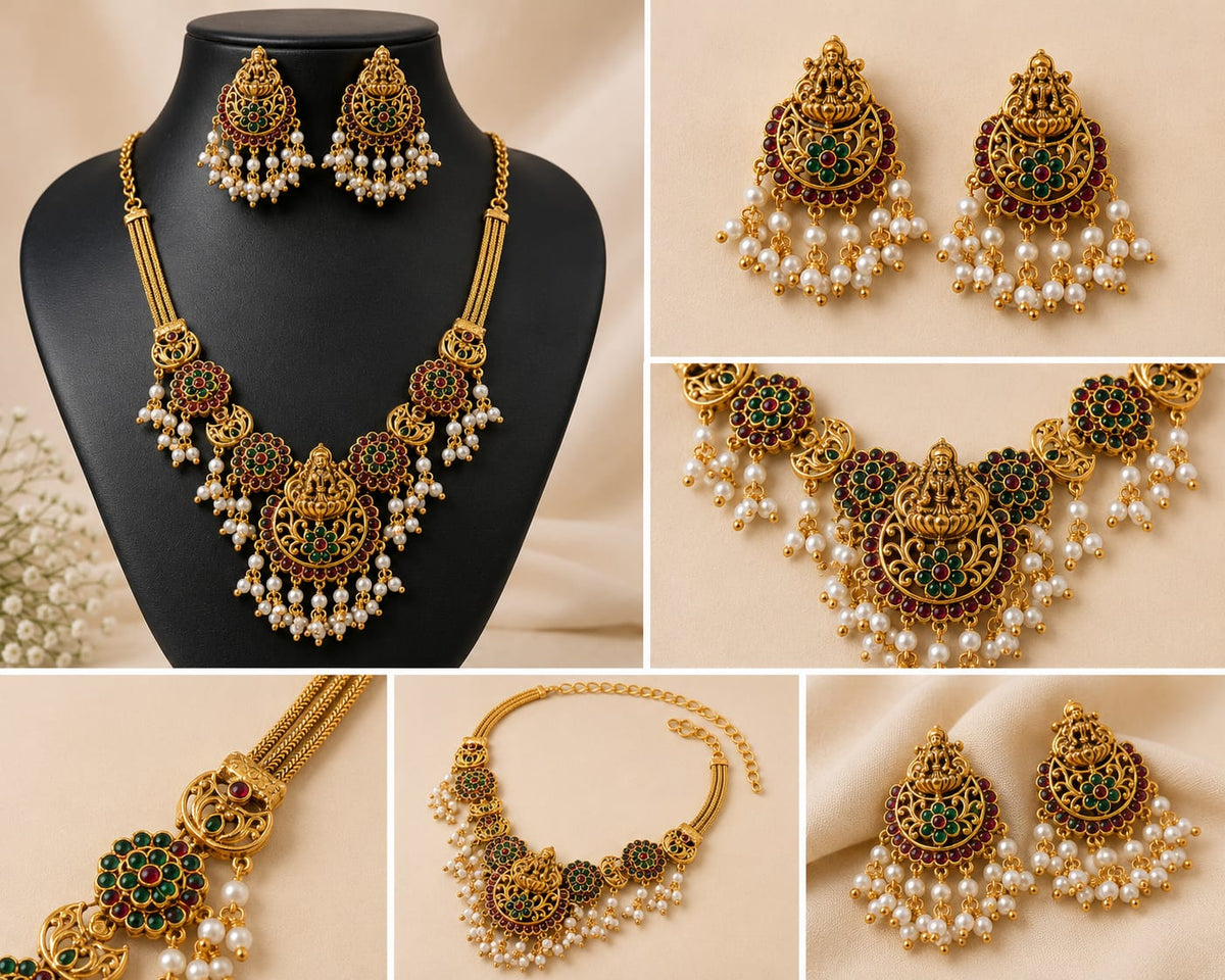 PREMIUM TRADITIONAL TEMPLE JEWELLERY SET  GREEN/MAROON STONE DETAILING