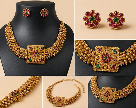 Antique Gold Guttapusalu-Style Square Pendant Choker Set