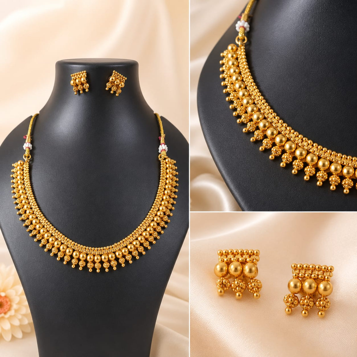 Gold-Plated Beaded Pearl Drop Necklace Set