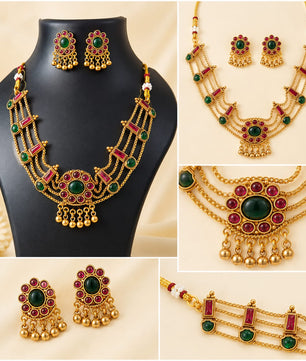 Green & Ruby-Tone Gold-Finish Multi-Layer Choker Necklace*