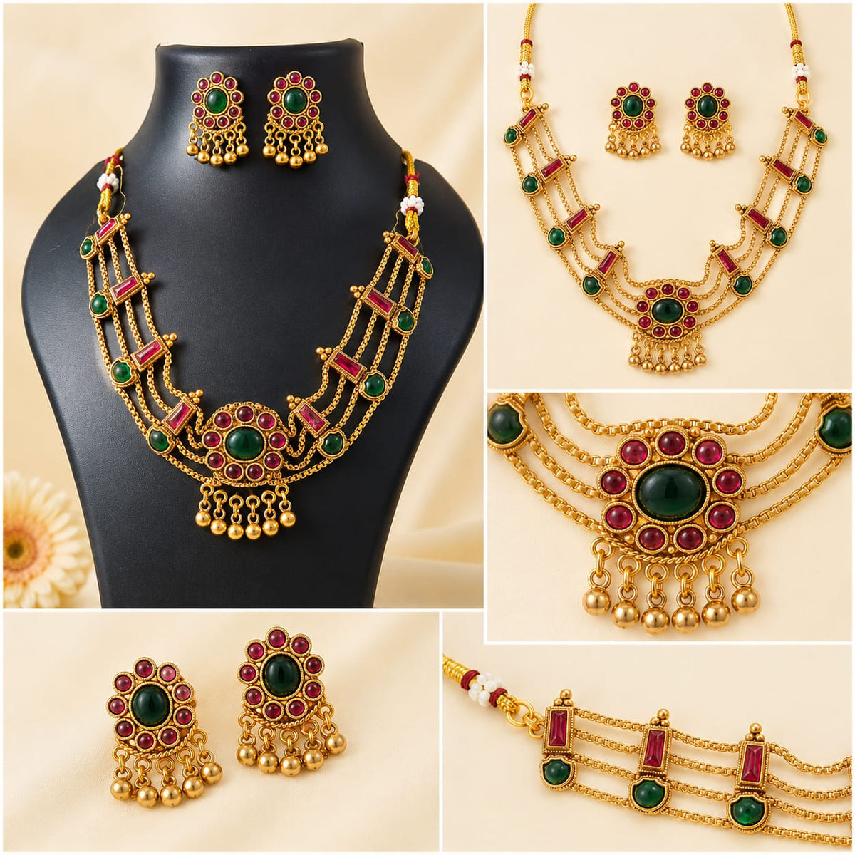 Green & Ruby-Tone Gold-Finish Multi-Layer Choker Necklace*