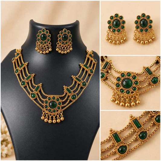 Emerald Green Triple-Strand Gold-Finish Choker Necklace*