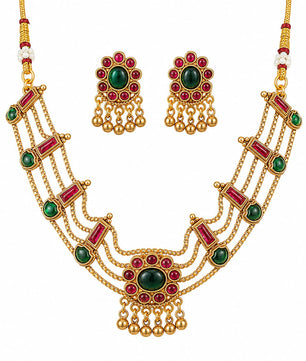 Green & Ruby-Tone Gold-Finish Multi-Layer Choker Necklace*
