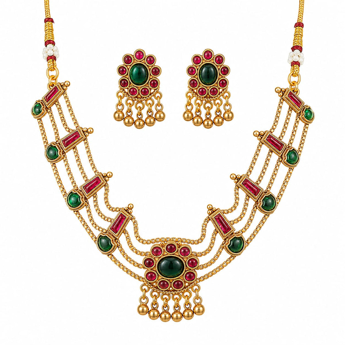 Green & Ruby-Tone Gold-Finish Multi-Layer Choker Necklace*