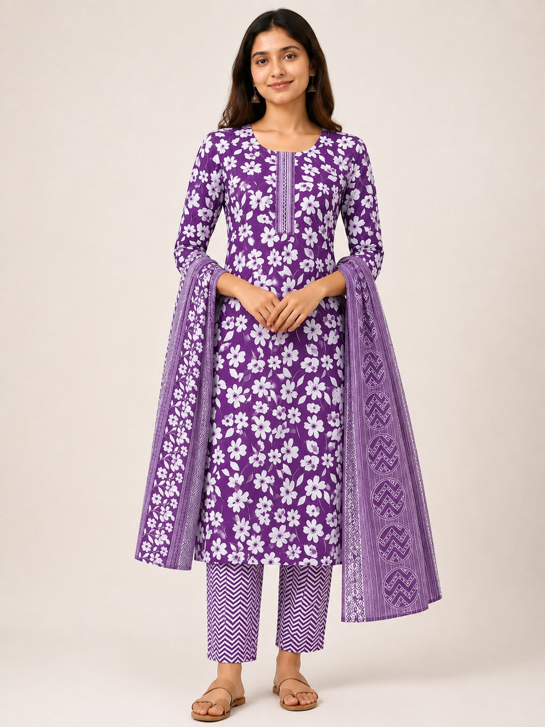 Elegant Purple Cotton Three-Piece Set