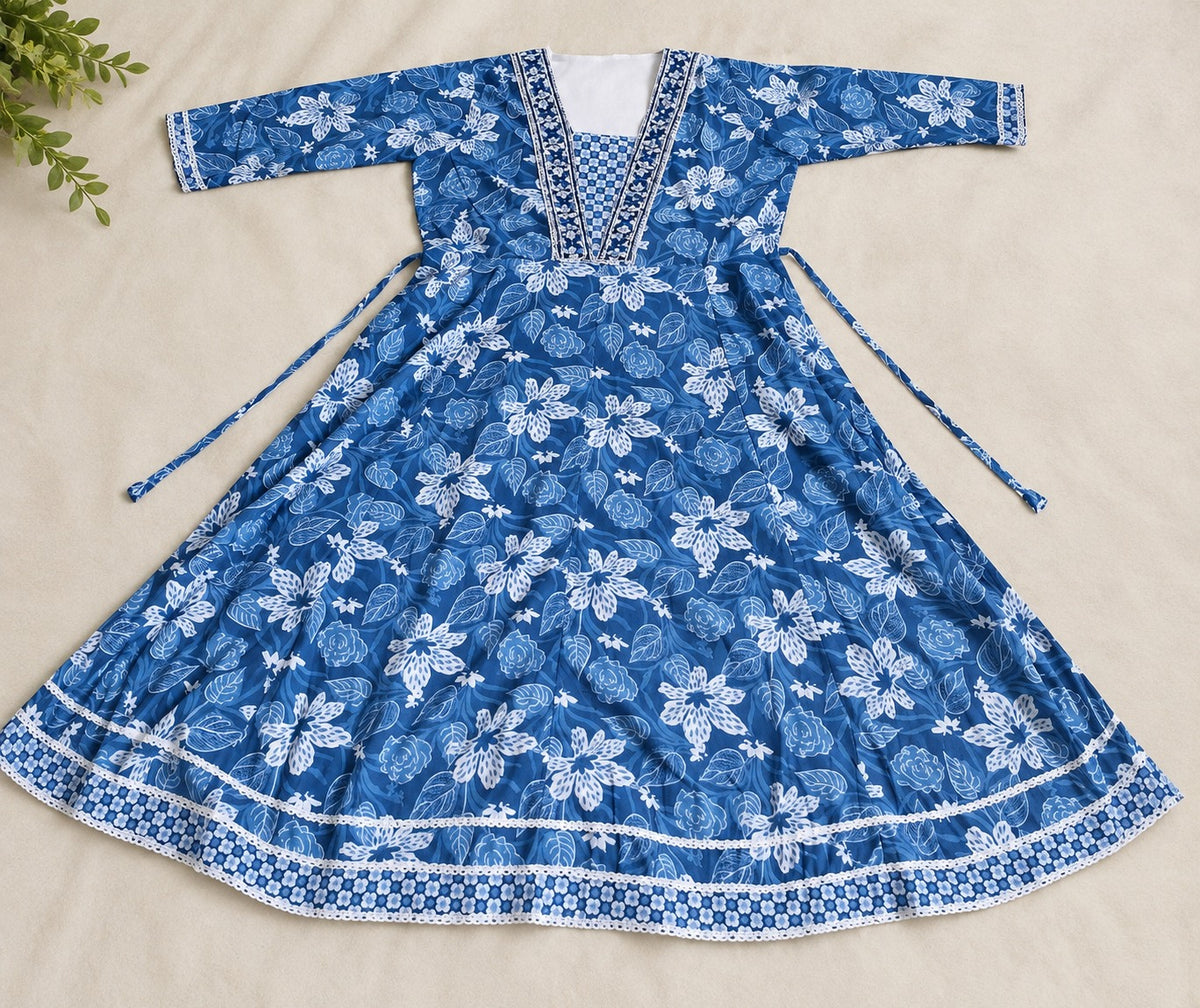 Blue Floral Cotton 3-Piece Kurti Set