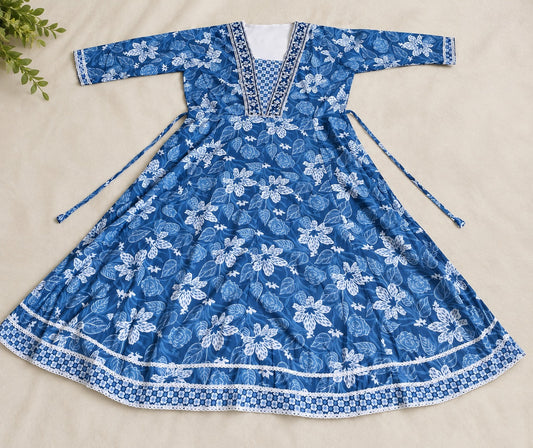 Blue Floral Cotton 3-Piece Kurti Set