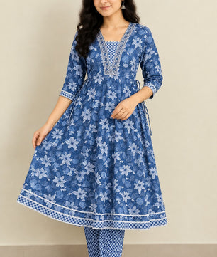 Blue Floral Cotton 3-Piece Kurti Set