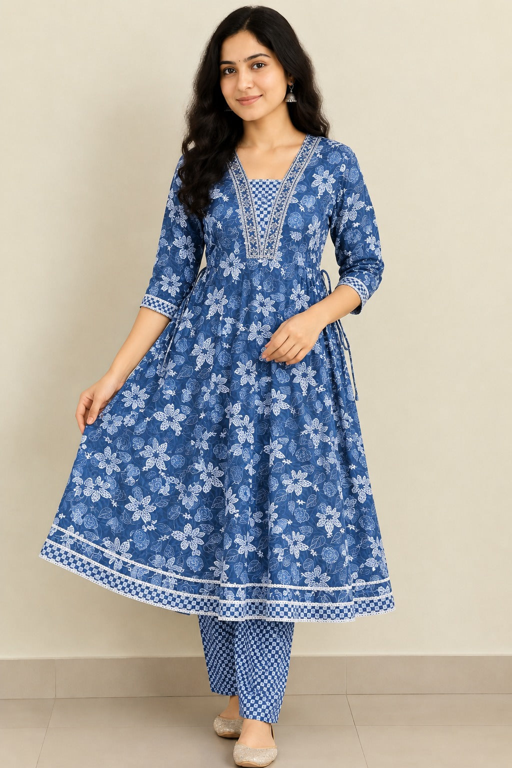 Blue Floral Cotton 3-Piece Kurti Set