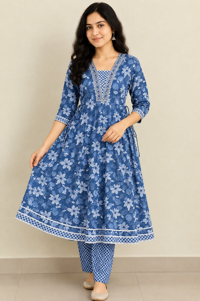 Blue Floral Cotton 3-Piece Kurti Set