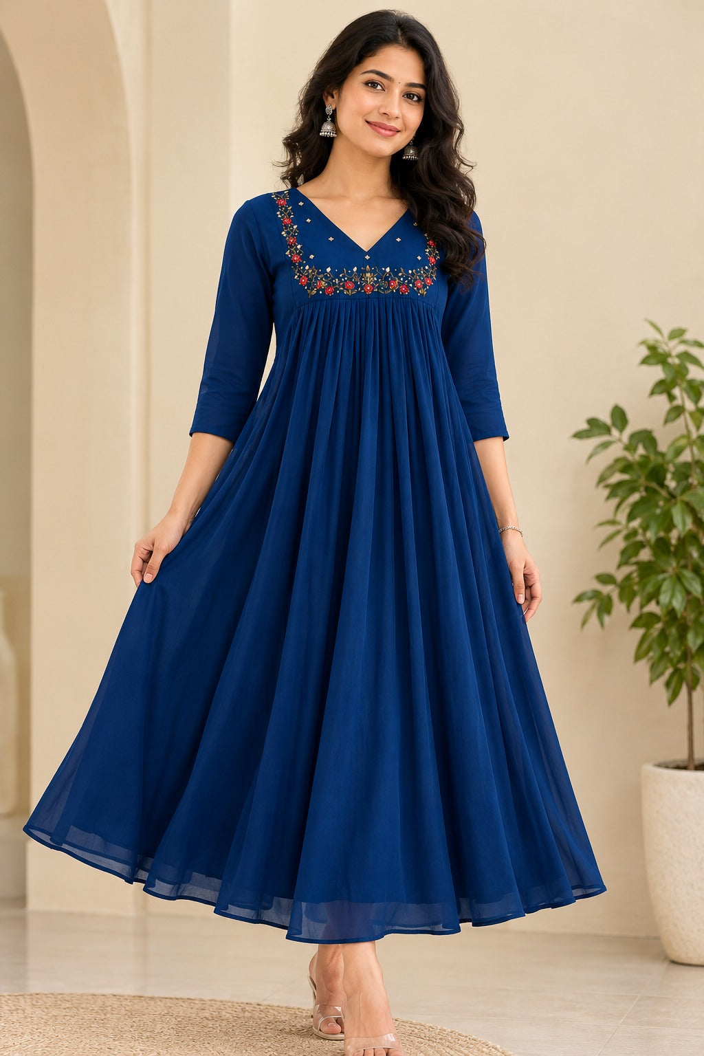 Premium Royal Blue Georgette A-Line Kurti