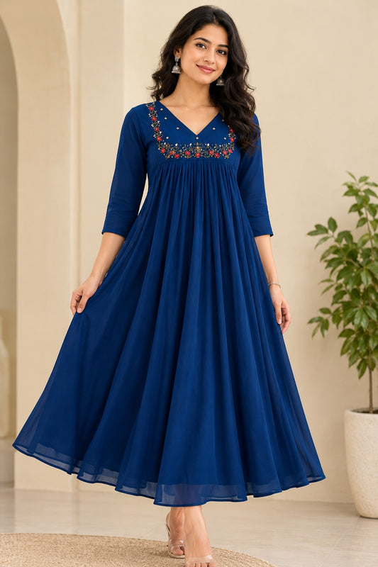Premium Royal Blue Georgette A-Line Kurti