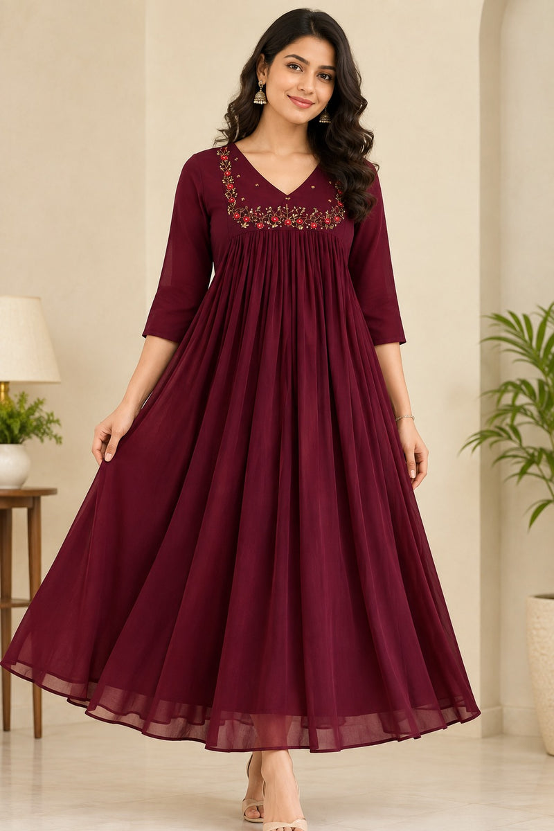 Premium Georgette A-Line Kurti – Maroon