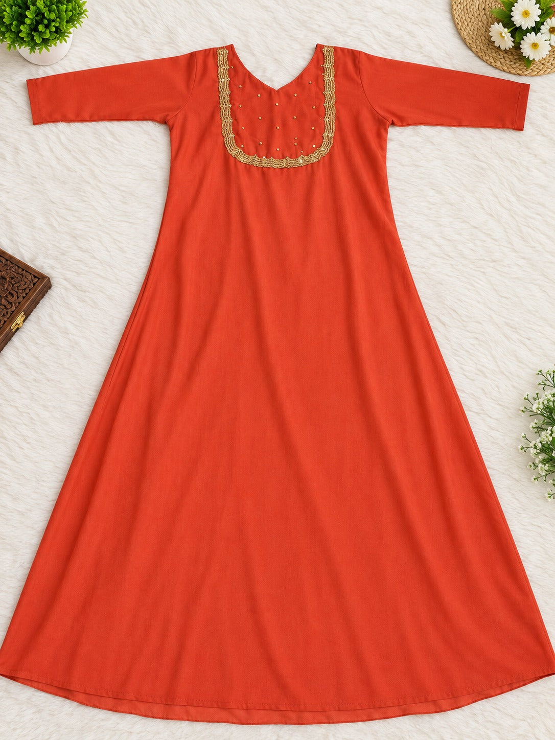 Elegant Coral Orange Georgette A-Line Kurti