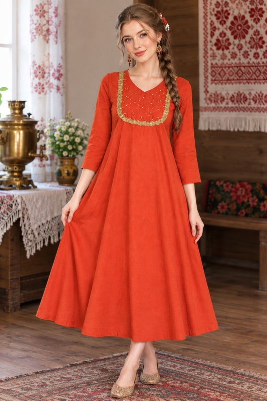 Elegant Coral Orange Georgette A-Line Kurti