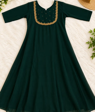Elegant Bottle Green Georgette A-Line Kurti