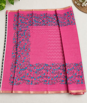 Bright Pink Piping Linen Saree with Blouse