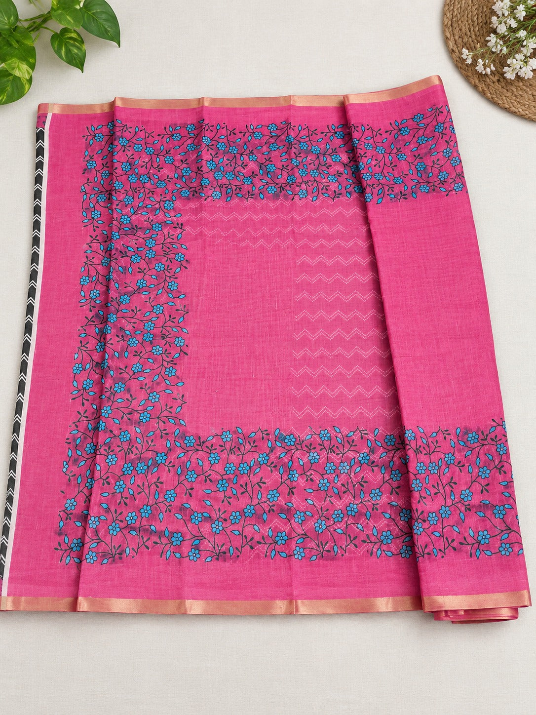Bright Pink Piping Linen Saree with Blouse