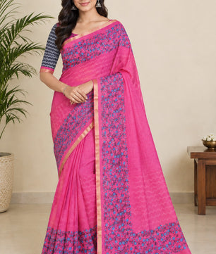 Bright Pink Piping Linen Saree with Blouse