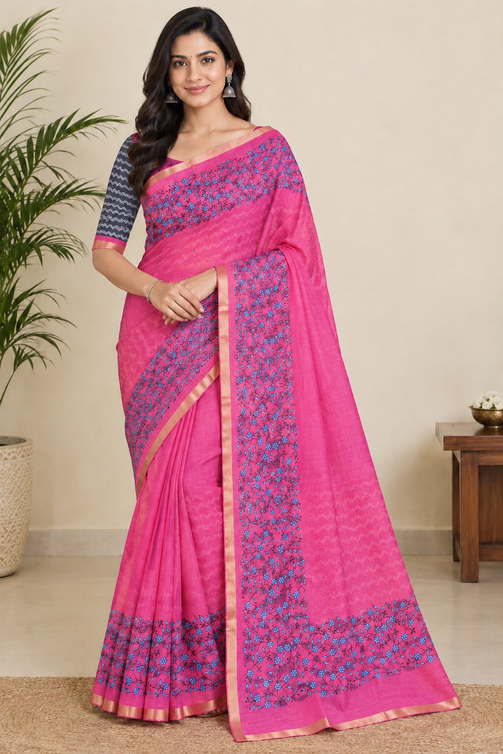 Bright Pink Piping Linen Saree with Blouse