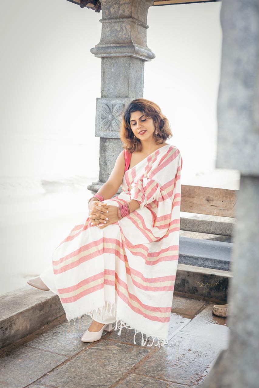 Sarva stripes : Mulloth Stripes Saree half saree model with tussles (handloom replica)