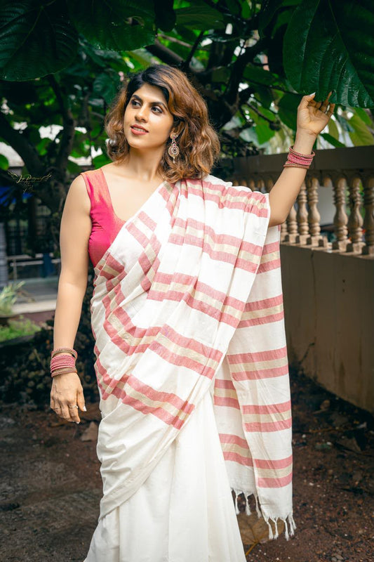 Sarva stripes : Mulloth Stripes Saree half saree model with tussles (handloom replica)