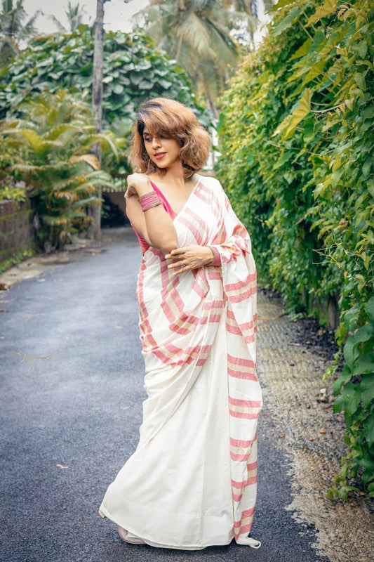Sarva stripes : Mulloth Stripes Saree half saree model with tussles (handloom replica)