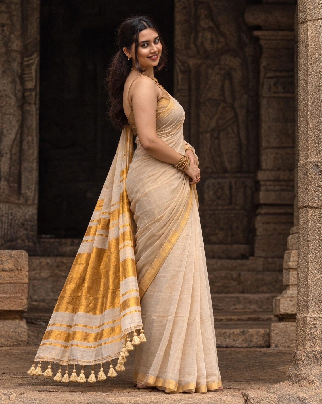💖 *Kerala-Style Golden Tissue Saree* 💖