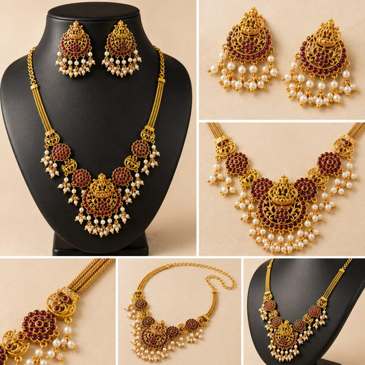 PREMIUM TRADITIONAL RED STONE  TEMPLE JEWELLERY SET ✨