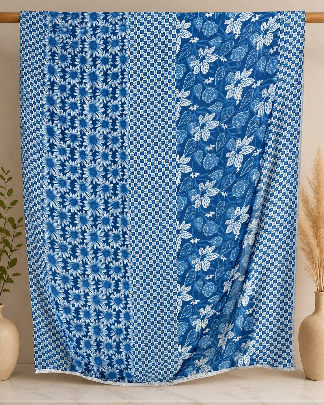 Blue Floral Cotton 3-Piece Kurti Set